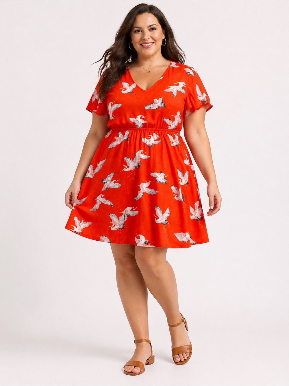 Torrid Print 2X Red Orange Crane Print Mini Dress Flowy V-Neck Boho Summer Plus